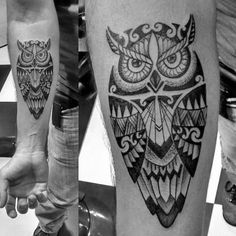 black and white photo of an owl tattoo on both legs