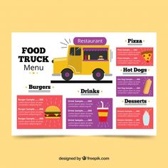 a food truck menu is shown on a yellow background