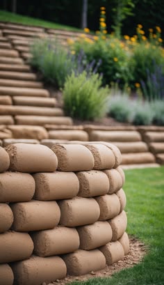 a stack of bricks sitting on top of a lush green field