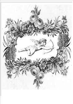 a drawing of a woman laying on her stomach surrounded by flowers and leaves in the shape of a wreath