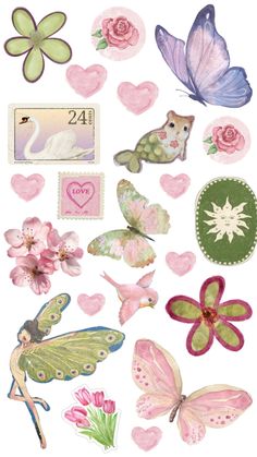 various stickers with flowers, butterflies and hearts on them for scrapbook pages or crafts