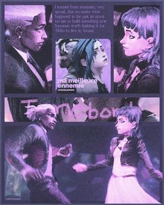 an image of two people talking to each other in front of a purple and black background