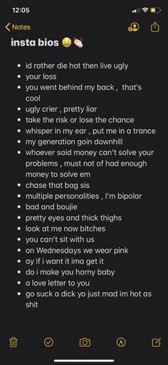 a text message with the words insta bios written in white on black background