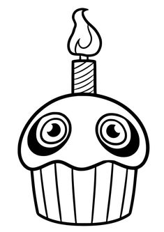 a cupcake with a candle on top and eyes drawn in black and white ink