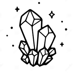 a black and white drawing of two crystals with stars in the sky behind it on a white background