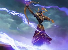 an animated image of a person holding a bow and arrow on top of a tower