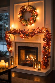 a fireplace decorated with candles and wreaths