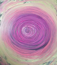 an abstract painting in pink and yellow with swirls on the bottom, over white background