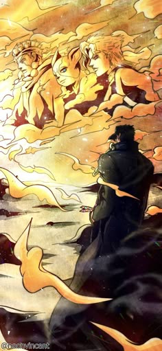 an image of some people in the sky with clouds and sun shining behind them, as if they are looking at something