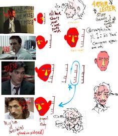 a white board with many different faces and words on it, including one man's face