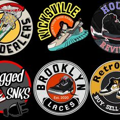 six different stickers on a black background, each with an image of a basketball shoe