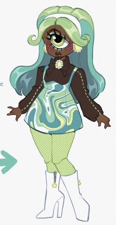 a drawing of a girl with blue hair and green eyes wearing white boots, holding her hands out in front of her face