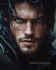 a man with green eyes and black hair is looking at the camera while wearing wet clothes