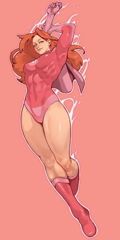 a drawing of a woman with red hair and stockings on, flying through the air