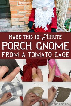 the instructions for how to make this 10 - minute porch gnome from a tomato cage