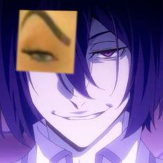 a close up of a person with purple hair and an eye patch in front of them