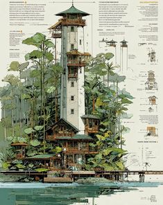 an architectural drawing of a lighthouse surrounded by trees and water features information about the structure