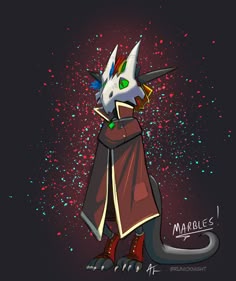 a drawing of a cat wearing a coat with horns on it's head and eyes