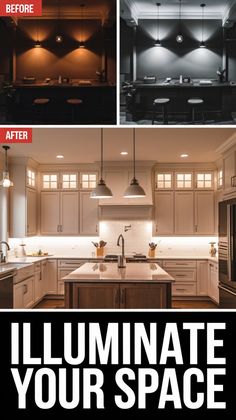 an advertisement for a new kitchen and dining room lighting system, with the words illuminate your space above it