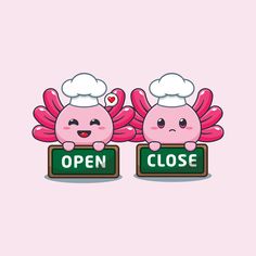 two cartoon characters are holding open and closed signs with hearts in their hands on pink background