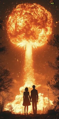 two people standing in front of an explosion