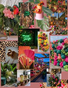 a collage of photos with different types of flowers and plants in them, including palm trees
