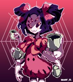 an old pixel art style character holding a teapot and pot in front of a geometric background
