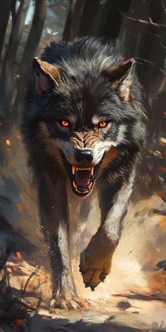 a painting of a wolf running through the woods with his mouth open and glowing orange eyes
