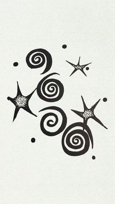 three stars are in the middle of a spiral design on a white paper with black ink