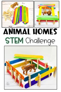 Colorful popsicle sticks, plastic animal figures and clothes pins are all shown.  There is a picture of an animal home made from the materials with a plastic tiger inside.