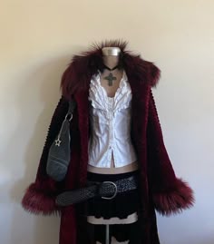 Party Coats, Crimson Outfit Aesthetic, Winter Vampire Outfit, Fur Collar Coat Outfit, Horror Outfits, Fur Blazer Outfit, Red Velvet Jacket Outfit, 2000s Vampire Outfit, Modern Vampire Outfit