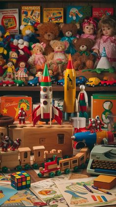 there are many toys and books on the shelf in front of the children's room