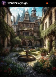 an image of a castle with flowers in the foreground and a fountain in the middle