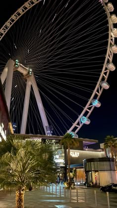 the large ferris wheel is lit up in the night sky above palm trees and buildings