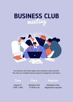 a flyer for a business meeting with people sitting at a table and working on laptops