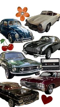 an image of old cars with cherries on the front and back side, all in different colors