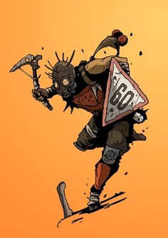 a drawing of a person on skis with an upside down sign in his hand