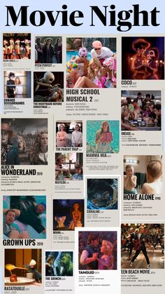 the movie night poster is shown with many different pictures