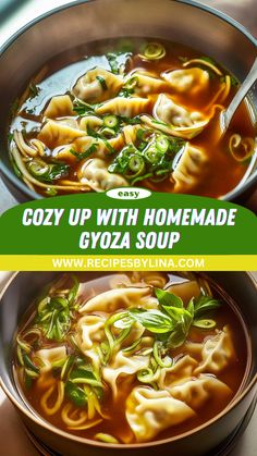 a bowl of soup with noodles and spinach in it, next to the words cozy up with homemade gyoza soup