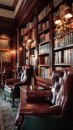 the library is full of books and leather chairs