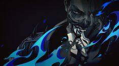 an evil looking man with blue flames on his face and chest, in front of a black background