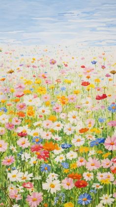 a painting of colorful flowers in a field