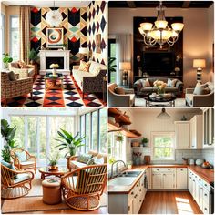 four pictures of different rooms with furniture and decor in them, including a kitchen, living room, dining room, and bedroom