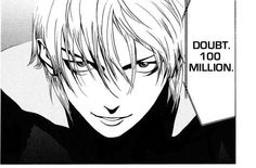 an anime character with blonde hair and black shirt looking at the camera, in front of a