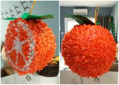 two pictures of an orange made out of tissue paper