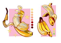 two pictures of bananas on a pink and yellow striped background with stars in the bottom right corner