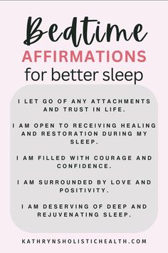 the words bedtime affirmations for better sleep written in black on a pink background