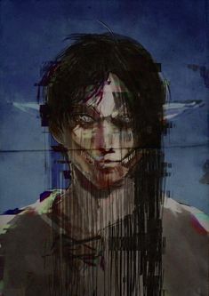 a digital painting of a man's face and neck with hair flowing over it