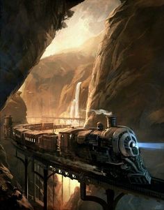 a painting of a train going over a bridge