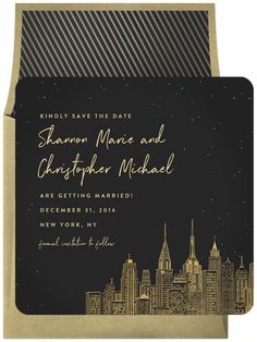 a black and gold save the date card with an image of a cityscape